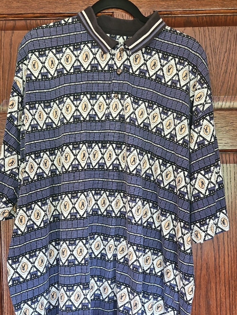 Men's Short-Sleeve Patterned Polo Shirt - Blue & White XXL